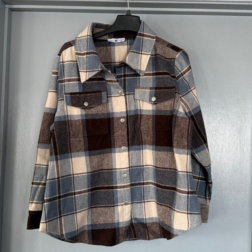 Keren Hart Women's Plaid Wool Blend Shacket Jacket Long Sleeves sz Large Unlined